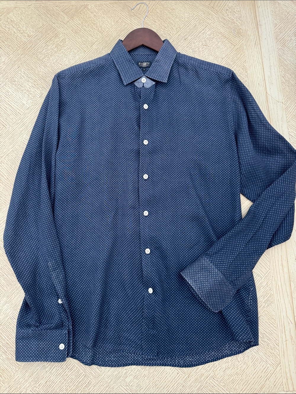 Faherty Reserve Linen Navy Micro-Dot Long Sleeve Casual Shirt